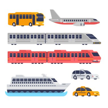 Toplu Taşımacılık, Otobüs, Tren, Taksi, Uçak, Seyahat Gemisi ve Mermi Treni çizimi