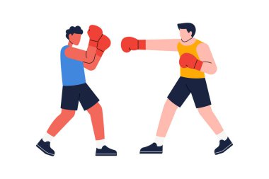 Eğitmenle boksör eğitimi ve düz vektör çizimi. Boks sporu.