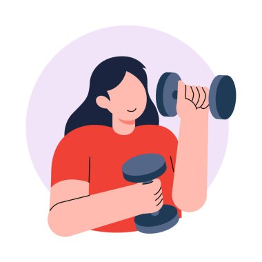 Dambıl Kaldıran Kadın vektör çizimi. Dambılları kaldırarak güçlü bir eğitime katılan kadın, spor ve sağlıklı bir yaşam tarzını sembolize ediyor.