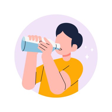 Şişeden su içen bir adamın tasviri sağlıklı bir yaşam tarzının bir parçası olarak susuz kalmanın önemini simgeliyor.