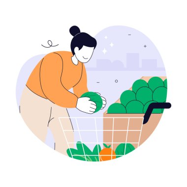 Süpermarket illüstrasyonunda market alışverişi. Bir markette taze sebze seçen ve alışveriş arabasına yeşil sebze koyan bir kadın.
