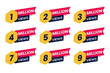 Renkli Manzara Kilometre Taşı Rozetleri. 9 milyon görüntüleme için 1 milyon izleme rozet tasarım elementi