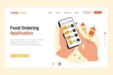 İniş sayfası konsepti için yiyecek sipariş uygulaması, yiyecek siparişi illüstrasyonuyla mobil uygulama arayüzü