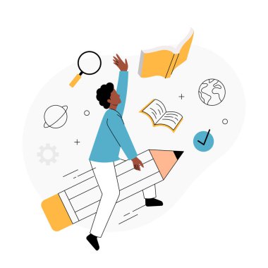 Eğitim yoluyla New Heights 'a ulaşmak. Vektör illüstrasyonu dev bir kalemin üzerinde bir insanın açık bir kitaba doğru uzandığını gösteriyor.