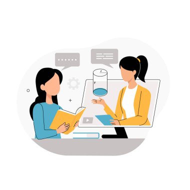 Bir öğrenci, kadın vektör illüstrasyonuyla çevrimiçi öğrenim seansına katılıyor.