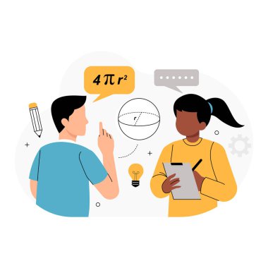 Geometri Formülü Öğrenen İki Öğrenci. Vektör illüstrasyonu iki öğrencinin matematik dersi aldığını ve geometri formülünü tartıştığını gösteriyor