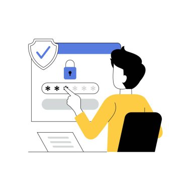Siber güvenlik ya da web güvenlik konsepti çizimi. İnternet erişiminin korunması, siber saldırı önleme. Bir dijital aygıtın veri koruması ve veritabanı güvenliği