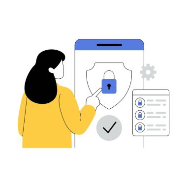 Siber güvenlik ya da web güvenlik konsepti çizimi. İnternet erişiminin korunması, siber saldırı önleme. Bir dijital aygıtın veri koruması ve veritabanı güvenliği