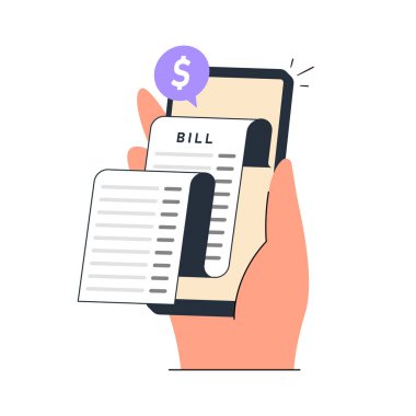 Smartphone alış irsaliyesi bill. Fatura onay online, faturaları kontrol ve maaş makbuzları telefon bildirim. Alışveriş nakit vergi işlem hizmet düz vektör çizim alış irsaliyesi, fatura