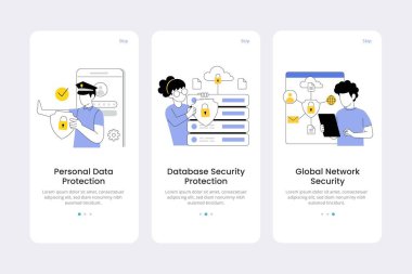 Vektör web sitesi lineer sanatı ekran şablonu üzerinde. İnternet siber güvenliği, e-posta dolandırıcılığı. Virüs koruması, veri şifreleme. Menü pankartları mobil uygulama geliştirme web sitesi. Düz illüstrasyon tasarla