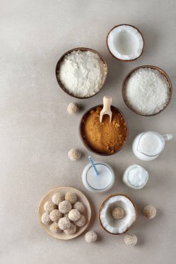 Gri arka planda çeşitli vegan hindistan cevizi ürünleri