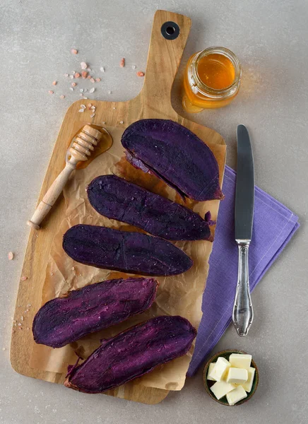 Baked Purple Sweet Potato Gray Background Stockfoto