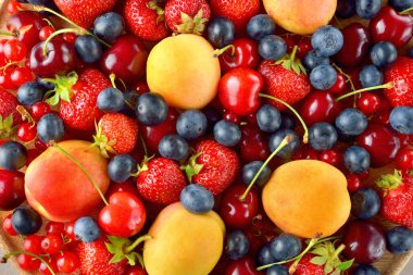 Gri arka planda bir tabakta çeşitli bahçe meyvelerinin karışımı.