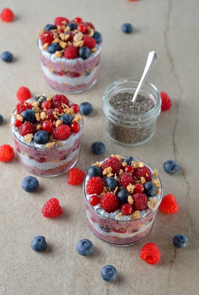 stock image Chia pudding parfait with berries on a gray background