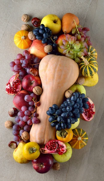 Various Autumn Harvest Gray Background Top View Royalty Free Stock Photos