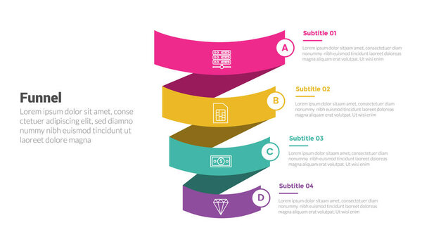 funnel shape infographics template diagram with round wave ribbon and 4 point step creative design for slide presentation vector