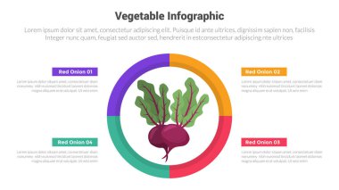 Taze sebze ve sağlıklı bilgi grafikleri şablonu orta çemberde kırmızı soğan ile slayt sunum vektörü için 4 nokta adım yaratıcı tasarım