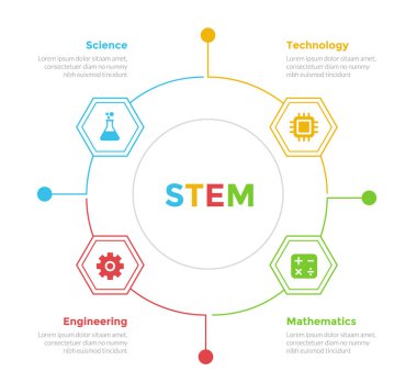 Slayt sunum vektörü için 4 nokta adım tasarımı ile bal peteği altıgen döngüsü veya dairesel ana hat bağlantısı ile STEM eğitim bilgi bilgi şablonu şeması