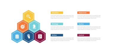 sostac pazarlama planlama bilgi grafiksel şablon şeması altıgen piramit şekilli yapı kombinasyonu ve slayt sunum vektörü için 6 nokta adım yaratıcı tasarım