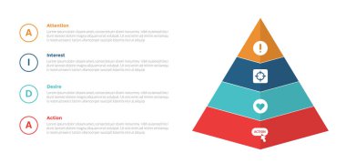 AIDA pazarlama huni bilgi grafiksel şablon şeması 3d piramit şekilli ve slayt sunum vektörü için 4 nokta adım tasarımı