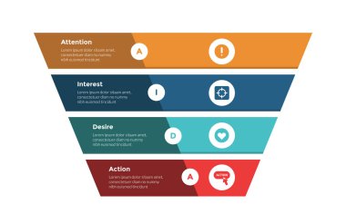 AIDA pazarlama huni bilgi grafiksel şablon şeması ters piramit biçimi üzerinde büyük huni yaratıcı ile slayt sunum vektörü için 4 nokta adım tasarımı