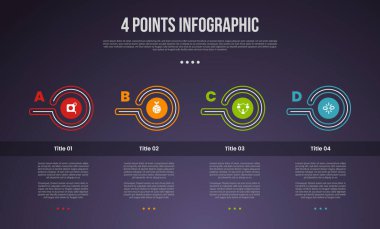 Slayt sunum vektörü için modern karanlık biçimli başlık tablosu olarak yaratıcı anahat çemberine sahip 4 nokta veya adım süreci bilgisi