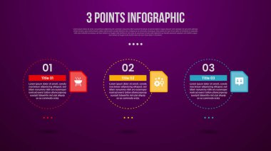 Slayt sunum vektörü için 3 nokta ya da adım süreci bilgisi büyük çember çizili yatay ve modern koyu renk biçimli