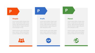 3p sürdürülebilirlik bilgi grafiği şablon şeması ve slayt sunum vektörü için 3 nokta adım tasarımı içeren ok başlığı
