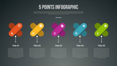 Yuvarlak dikdörtgen x şekilli, slayt sunum vektörü için modern koyu renk biçimli 5 nokta ya da adım süreci bilgisi