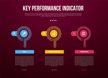Yaratıcı çember ana hatlı KPI veya anahtar performans göstergesi bilgi şablonu ve slayt sunum vektörü için 3 noktalı koyu arkaplan biçimli yuvarlak dikdörtgen kutu