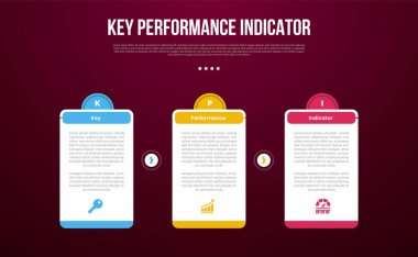KPI veya anahtar performans göstergesi enfografik şablon ile büyük tablo kutusu üzerinde yaratıcı yarım daire ile slayt sunum vektörü için 3 nokta ile koyu arkaplan biçimi