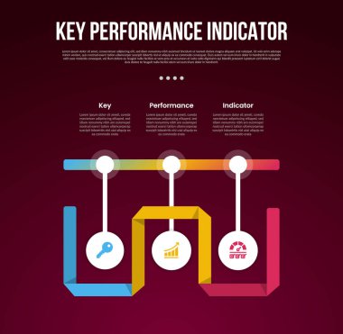 KPI ya da anahtar performans göstergesi, slayt sunum vektörü için 3 noktalı, kurdele çevirmeli zaman çizgisi noktalı bilgi şablonu