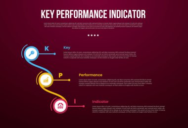 Yaratıcı çember bağlantısı olan KPI veya anahtar performans göstergesi bilgi şablonu ve slayt sunum vektörü için 3 noktalı koyu arkaplan biçimine sahip dikey yığın