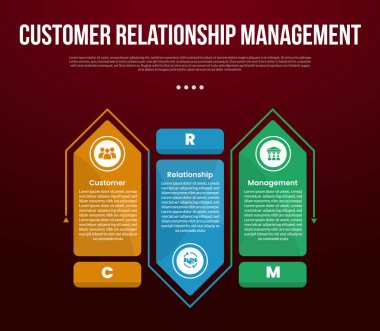 CRM bilgi şablonu, slayt sunum vektörü için 3 noktalı, büyük dikdörtgen oklu, ana hatlı, dairesel, koyu renk arkaplan biçimli büyük tablo.