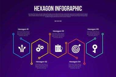 hexagon or hexagonal six sided polygon template infographic with outline base unconnection on horizontal direction with 5 point with dark style for slide presentation vector clipart