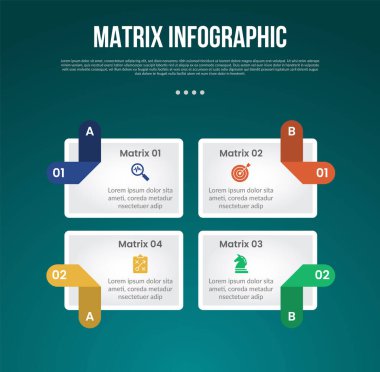 Matrix yapı boyutları yuvarlak kutu taşıyıcısı ve yuvarlak dikdörtgen rozetli, 4x4 noktalı, slayt sunum vektörü için koyu renk biçimli bilgi şablonu