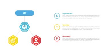 Altıgen ve yuvarlak dikdörtgen kaplamalı STP pazarlama bilgi analizi şablonu şeması slayt sunum vektörü için 3 nokta adım tasarımı