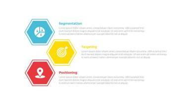 Slayt sunum vektörü için 3 nokta adım tasarımı içeren altı köşeli tablo başlığıyla STP pazarlama bilgi analizi şablonu şeması