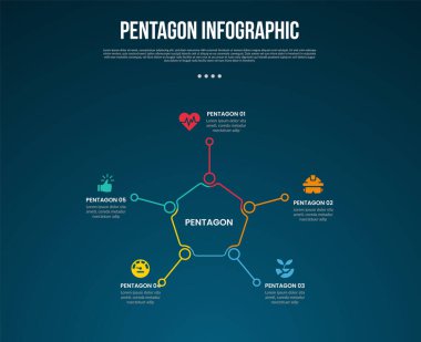 Pentagon tabanlı şablon şablonu, slayt sunum vektörü için koyu arkaplan biçimli imleç ile ana hat bağlantısı ile birlikte bilgi aktarımı