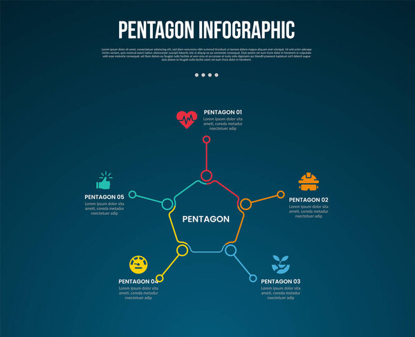 Инфографика базовой формы пятиугольника с соединением контура с указателем с темным фоном для вектора представления слайдов