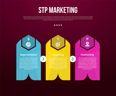 Yatay yönde keskin başlıklı yaratıcı dikey kutu taşıyıcısı ve slayt sunum vektörü için 3 noktalı karanlık arkaplan biçimli ok ile STP pazarlama bilgi şablonu