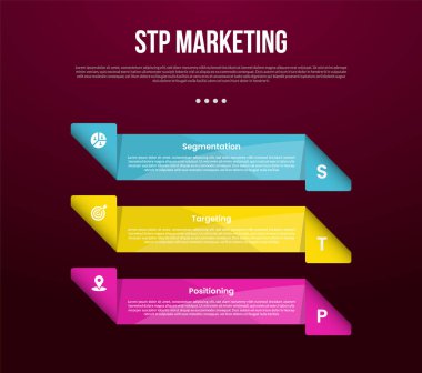 Yaratıcı dikdörtgen kutulu STP pazarlama bilgi şablonu dikey yığının üzerinde katlama kenarı ve slayt sunum vektörü için 3 noktalı koyu arkaplan biçimi
