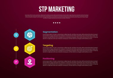 Slayt sunum vektörü için 3 noktalı, yaratıcı altıgen şekilli, dikey, koyu arkaplan biçimli STP pazarlama bilgi şablonu