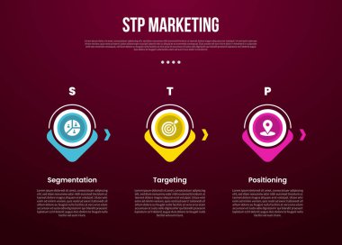 Yaratıcı çember ana hatlı STP pazarlama bilgi şablonu ve slayt sunum vektörü için 3 noktalı karanlık arkaplan biçimli ok alt yönü