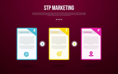 Keskin kenarı ve rozeti olan büyük tablolu STP tanıtım şablonu. Slayt sunum vektörü için 3 noktalı koyu arkaplan biçimi.