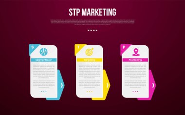 Dikdörtgen kutu dikey ve ok rozet arkaplan ile STP pazarlama bilgi şablonu slayt sunum vektörü için 3 nokta ile karanlık arkaplan biçimi