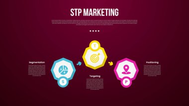 Sekizgen şekilli, koyu arkaplan biçimli ve slayt sunum vektörü için 3 noktalı STP bilgi şablonu