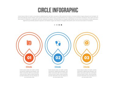 Çember taban şekli bilgi grafikleri şablonu, 3 nokta yaratıcı düz çizgi vektörü ile işaretlenmiş büyük çember işaretleyici konumu ile şeması