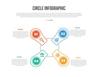 Çember taban şekli bilgi grafikleri şablonu. Çeyrek yapı üzerinde yuvarlak dikdörtgen konteynır ve 4 adım yaratıcı basit düz ana hatlı vektör.