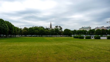 Avusturya, Viyana, Avrupa. Arkasında ağaçlar olan büyük yeşil bir alan.